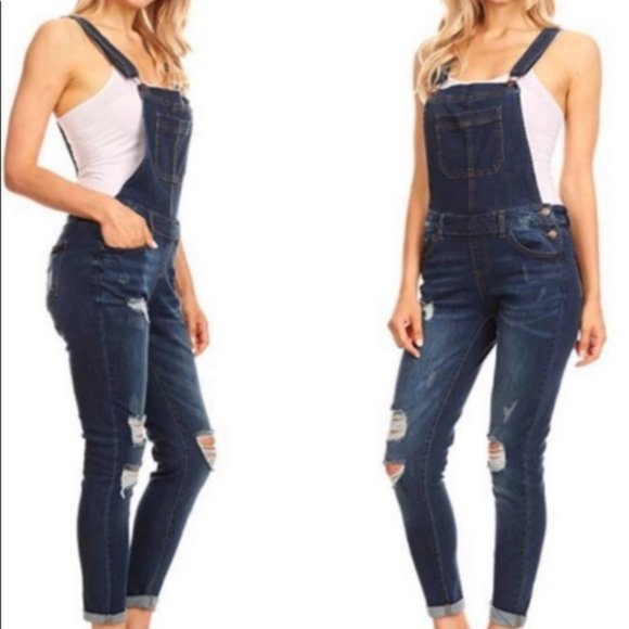 Wax Jean Denim - Wax Jean Bibs  Distressed Dark Denim Overall Pants
